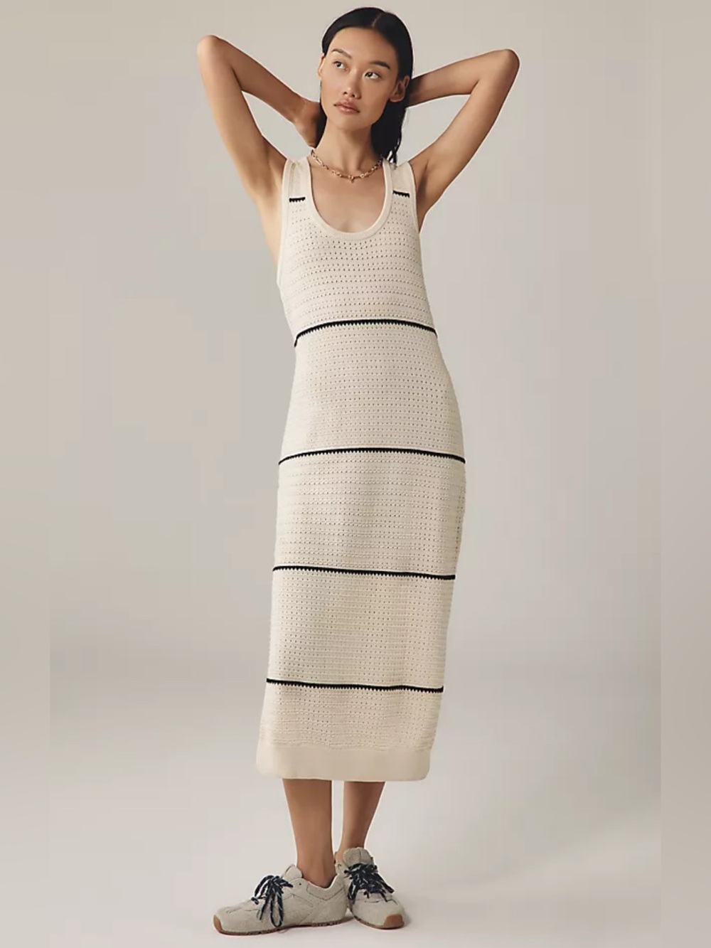 Varley Scott Scoop-Neck Sleeveless Midi Knit Dress Size XL Birch Ivory Stripe